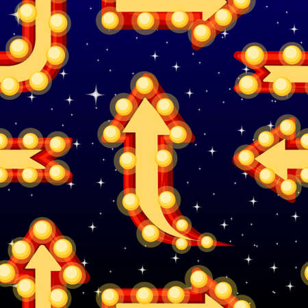 Seamless pattern of arrow signs with electric light bulbs glowing arrow with lamps retro banner collection vector illustration on night sky background web site page and mobile app designのイラスト素材