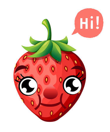Cute cartoon strawberry smiling fruit with a caption cloud vector illustration isolated on white background.のイラスト素材