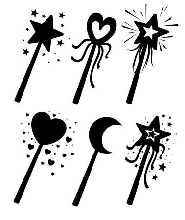 Set of black silhouettes Decorative magic wands in various shapes.のイラスト素材