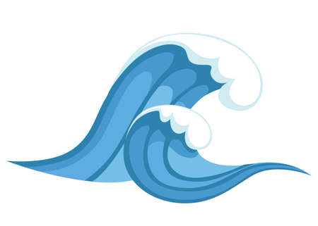 Big blue sea wave in cartoon style. Vector illustration isolated on white background.のイラスト素材