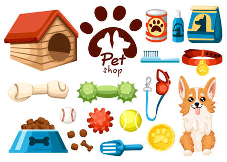 Set of pet shop icons with Accessories for cats. Flat vector illustration.のイラスト素材