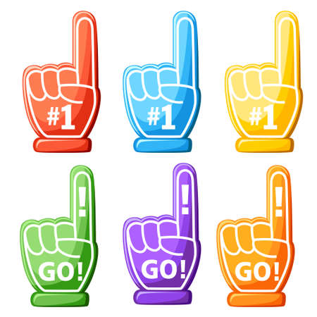 Set of foam hand on Colorful foam finger. Number One and GO design Vector illustration isolated on white background.のイラスト素材