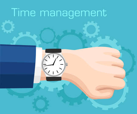 Wristwatch on the hand of businessman in suit. Time on wrist watch. Time management concept Vector illustration isolated on turquoise background with gears.のイラスト素材