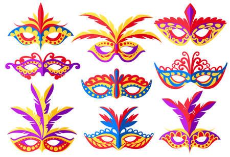 Set of carnival face masks. Masks for party decoration or masquerade. Colored mask with feathers Vector illustration isolated on white background.のイラスト素材