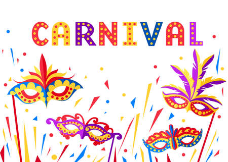 Illustration of carnival face masks. Masks for party decoration or masquerade. Colored mask with feathers Vector illustration isolated on white background.のイラスト素材