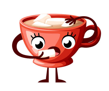 Cute coffee cup character design. Cartoon style cup eat marshmallow. Mascot red cup Vector illustration isolated on white background.のイラスト素材