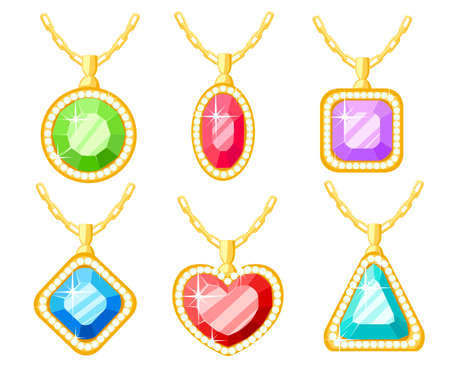 Set of golden jewelry with Necklaces collections with square, circle, heart, and triangle diamond pendants. Chain cartoon design Vector illustration isolated on white background.のイラスト素材