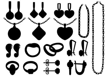 Black silhouette Set of golden jewelry. Golden rings, earrings, chains, and necklaces collections. Cartoon jewelry accessories Vector illustration isolated on white background.のイラスト素材