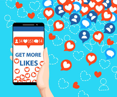 Get more likes. Smartphone pulling like. SEO concept. Hand holding horseshoe magnet. Design elements for social network,marketing. Vector illustration isolated on blue background.のイラスト素材