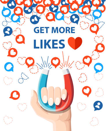 Get more likes and Hand hold horseshoe magnet pulling or get many likes Vector illustration isolated on white background.のイラスト素材