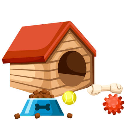 Dog house and bowl with food. Playing balls and bone Vector illustration isolated on white background.のイラスト素材