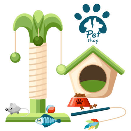 A Cat tree with cat house. Red bowl with food. Cat toys Vector illustration isolated on white background.のイラスト素材