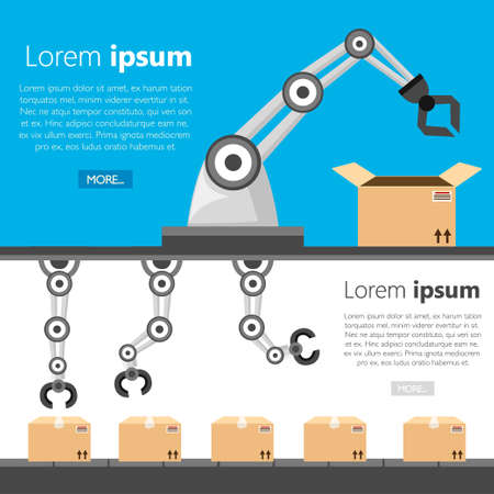 Set of robotic arms. Robotic arm manufacture. Packaging concept. Cartoon style icon. Vector illustration on white and blue background.のイラスト素材