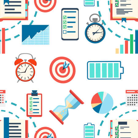 Seamless pattern of time management. Charts analysis and optimization goal, schedule, battery, indicators, calendar.のイラスト素材