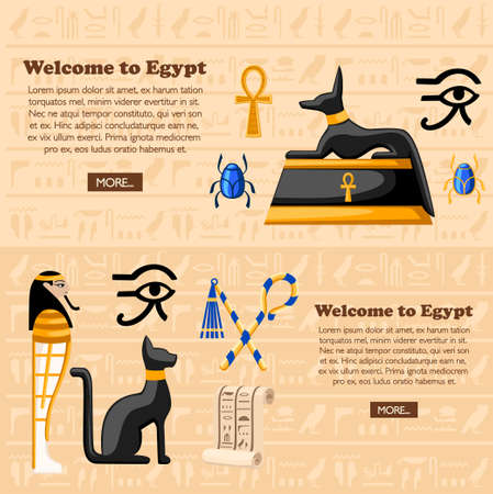 Travel concept. Welcome to Egypt poster. Ancient Egyptian symbols and decoration Egypt flat icons vector illustration on hieroglyphs texture background. Web site page and mobile app design.のイラスト素材