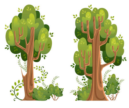 Summer trees and bushes in cartoon style. Green spaces vector illustration isolated on white background. Web site page and mobile app design.のイラスト素材