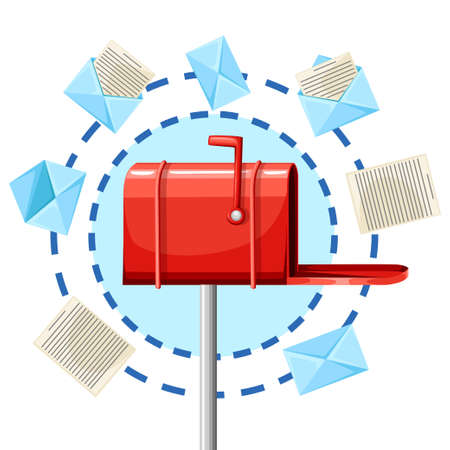 Red mailbox Circle of letters Email concept in cartoon style.のイラスト素材