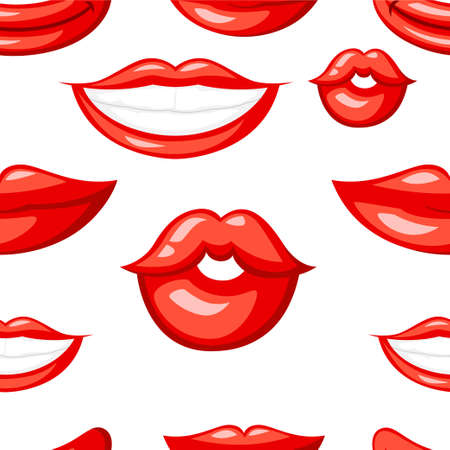 Seamless pattern of red plump lips on white background.のイラスト素材