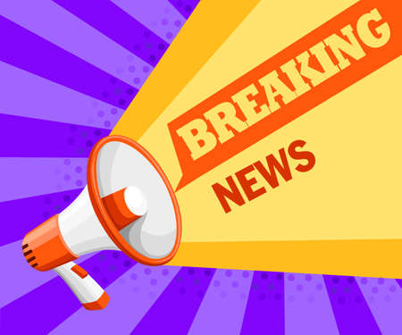 Vector illustration of megaphone with Breaking News text on purple background.のイラスト素材