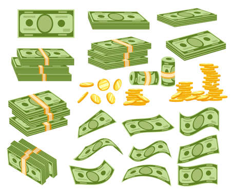 Set a various kind of money. Packing in bundles of bank notes, bills fly, gold coins vector illustration isolated on white background. Web site page and mobile app design.のイラスト素材