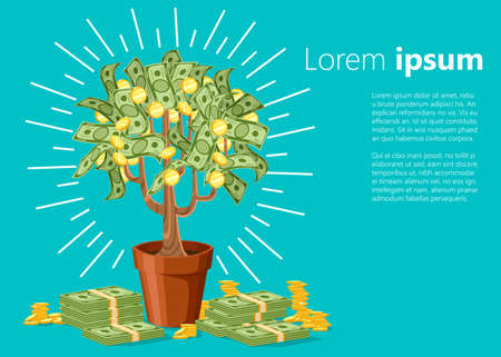 Money tree green cash banknotes with golden coins. Tree in a ceramic pot vector illustration with place for your text on turquoise background. Web site page and mobile app design.のイラスト素材