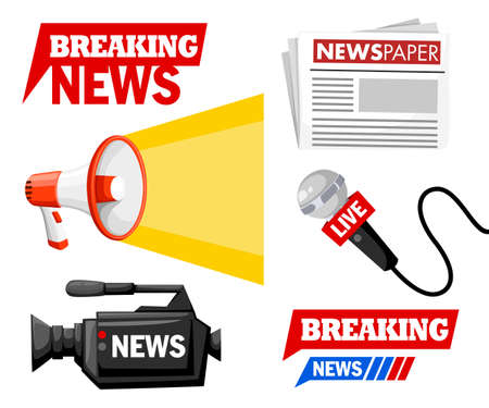 Journalist tools collection Breaking news concept.のイラスト素材
