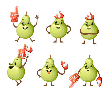 Set of cartoon Illustration of a Pear Cute pear mascot Different emotions fruit with foam hand Number 1.のイラスト素材