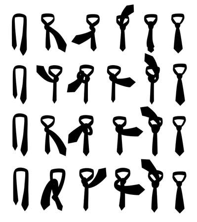 Black silhouette. Necktie icons set. Collection of dressing men's tie icons. Vector illustration isolated on white background. Web site page and mobile app design.のイラスト素材