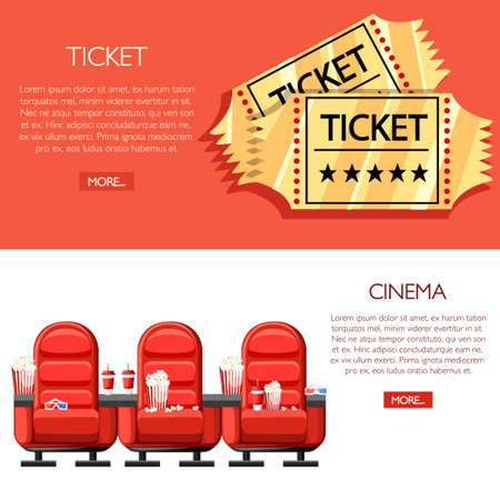Cinema concept. Auditorium and three red comfortable armchairs in the cinema. Drinks and popcorn, glasses for movie. Cartoon cinema golden tickets. Vector illustration on white and red background.のイラスト素材