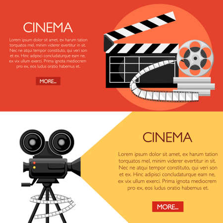 Retro movie clapboard and projector poster. Cartoon vector illustration. Cinema concept. Clapper with film reels. Vector illustration on red background.のイラスト素材