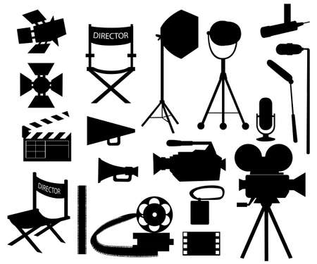 Black silhouette Collection of cinematography. Making a movie cartoon icon set. Director chair, movie camera with film reels, searchlight, megaphone and clapperboard. Vintage cinema concept Vector illustration.のイラスト素材