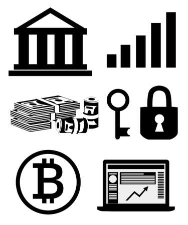 Black silhouette. Finance icon set. Finance security concept. Bitcoin and green banknotes. Vector illustration isolated on white background. Web site page and mobile app design.のイラスト素材