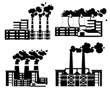 Black silhouette. Set of factories with smoke pipes. Environmental pollution problem. Earth factory pollute with carbon gas.Vector flat illustration. Vector illustration isolated on white background.のイラスト素材