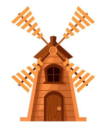 Traditional old windmill. Cartoon style design vector illustration isolated on white background. Web site page and mobile app design.のイラスト素材