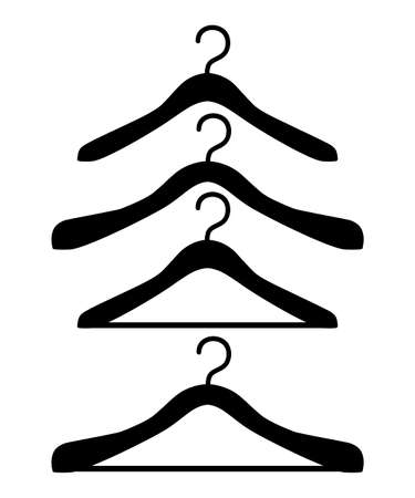 Black silhouette. Set of wooden hanger. Four different hangers. Flat style design. Vector illustration isolated on white background.のイラスト素材
