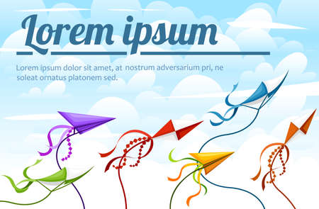 Colorful kite collection. Outdoor summer activity objects. Cute flying toys. Holiday childhood entertainment. Vector illustration with sky and clouds background. Place for your text.のイラスト素材