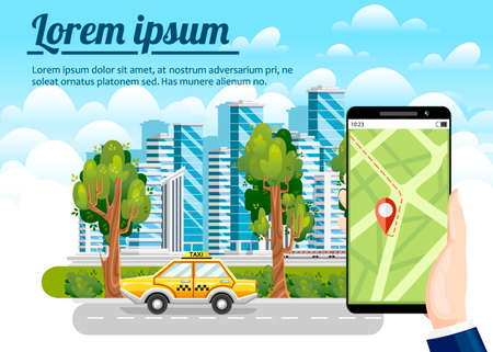 Booking taxi via mobile app. City skyscrapers, airplane ,air balloon and cars on the background. Flat cartoon style. Modern city concept with place for your text.のイラスト素材