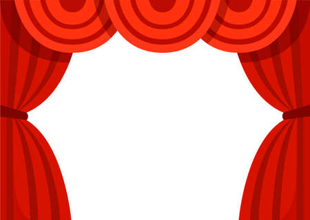 Open red curtains. Classic theater stage. Flat vector illustration isolated on white backgroundのイラスト素材