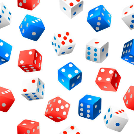Seamless pattern. Vector casino dice collection of authentic icons. Red, blue and white poker cubes. Several positions. Vector illustration on white background.のイラスト素材