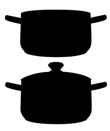 Black silhouette. Two cooking pans. Open and close pan. Vector illustration isolated on white background.のイラスト素材
