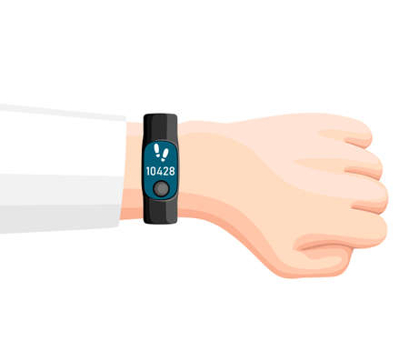 Vector illustration of sport accessories. Smart band on hand. Flat cartoon wristband with steps...