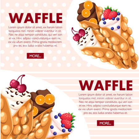 Hong Kong waffles. Waffle with strawberry, cherry and orange and whipped cream. Vector illustration with place for text. Website page and mobile app design.のイラスト素材