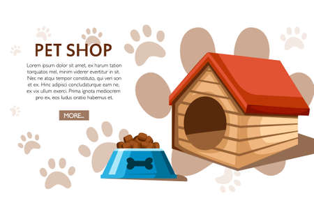 Pet shop concept. Wooden doghouse with red roof and food bowl. Vector illustration on background with animal footprints. Place for your text. Website page and mobile app design.のイラスト素材