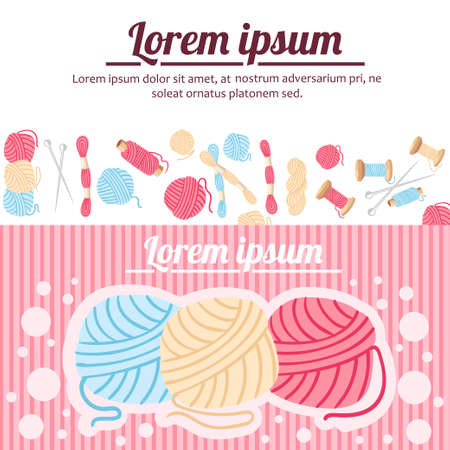 Sewing items. Ball of wool, sewing knitting needles and thread. Flat style vector illustration on white and red background. Place for your text. Website page and mobile app design.のイラスト素材