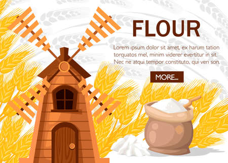 Traditional old windmill. Wooden mill with full bag of flour. Wheat ears with ooden scoop. Silver silhouette wheat ears on background. Vector illustration with place for text.のイラスト素材