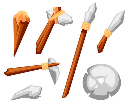 Stone tools set. Stone age primitive work tools axe, hammer, club, spear and knife. Stone wheel. Flat style vector illustration isolated on white background.のイラスト素材
