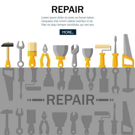 Building tools , construction buildings, hammer, screwdriver, saw, file, putty knife, ruler, roller, brush. Flat style design. Vector illustration on white background. Place for text. Web page design.のイラスト素材