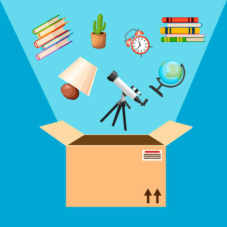 Empty cardboard box. Opened cardboard box with falling objects. Delivery concept. Vector...