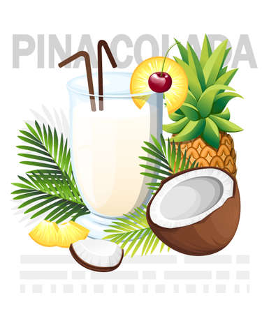Pina Colada cocktail. Tropical cocktail with coconut and pineapple. Glass with drinks tube. Green palm leaves. Vector illustration on white backgroundのイラスト素材