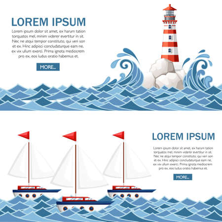Stormy sea with lighthouse on rock stones island. Small ships on water. Nature or marine design. Flat style. Vector illustration with sky and clouds backgroundのイラスト素材